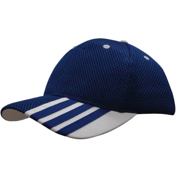 A navy blue mesh cap featuring white striping on the peak and a logo on the side.