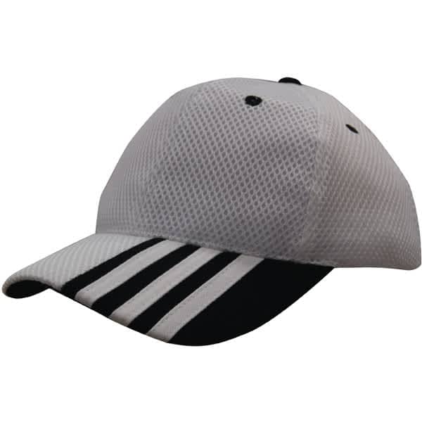 A white mesh cap featuring a black striped peak and a logo on the front.
