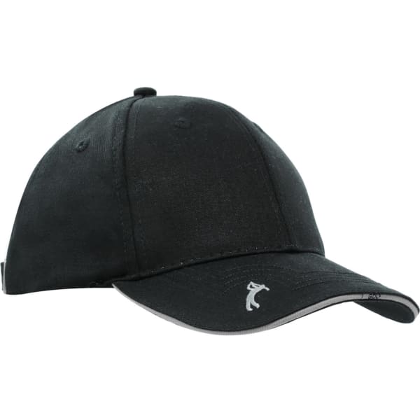 A black Chino Twill Golf Cap featuring peak embroidery and a logo on the side.
