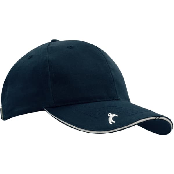 A navy Chino Twill Golf Cap with peak embroidery and a logo on the front.