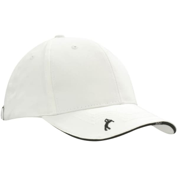A white chino twill golf cap with peak embroidery and a logo on the side.