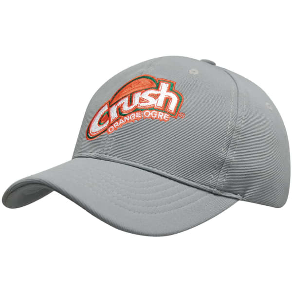 A grey cap featuring an embroidered logo, with a curved brim and a classic design.