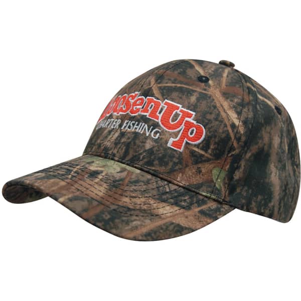A camouflage six-panel cap in shades of green and brown, featuring a logo on the front and a curved brim.
