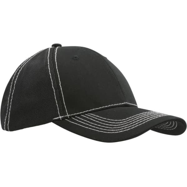 A black cap featuring a hi-tech mesh back and contrasting white stitching. It has a logo on the front.