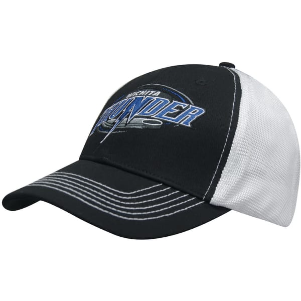 A black and white cap featuring a mesh back and an embroidered logo on the front.