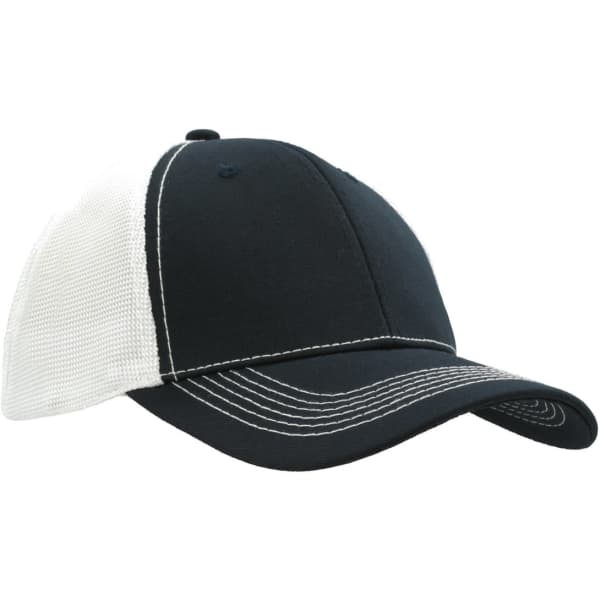 A navy blue cap with a hi-tech mesh back and contrasting white panels, featuring a logo.