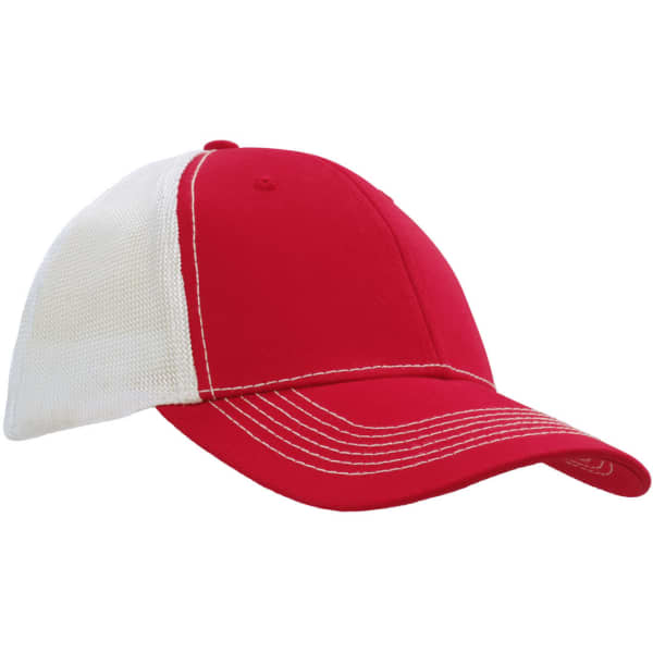 A red cap with a hi-tech mesh back, featuring contrasting white panels and visible stitching details.