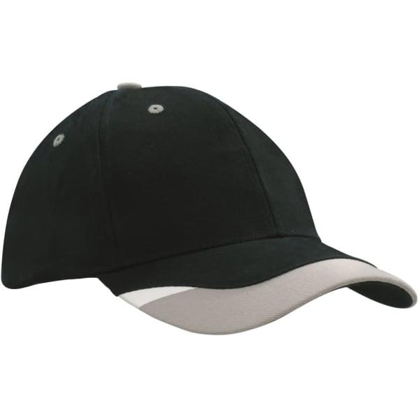 A cap in black with a light grey peak insert and printed trim, featuring a logo.