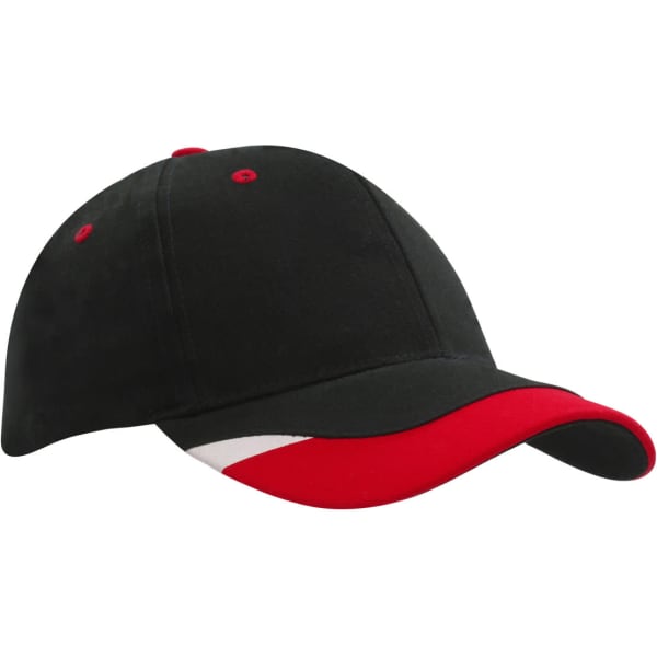 A black cap with a red peak and trim features, including a logo on the side.