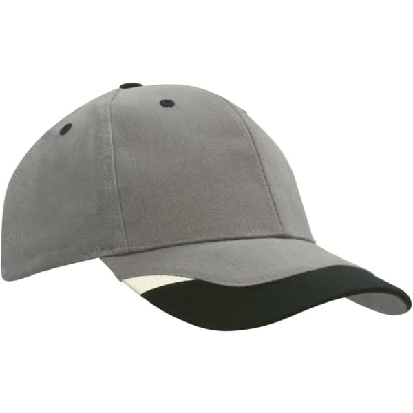 A grey cap with black peak inserts and printed trim. The cap features a logo on the front.
