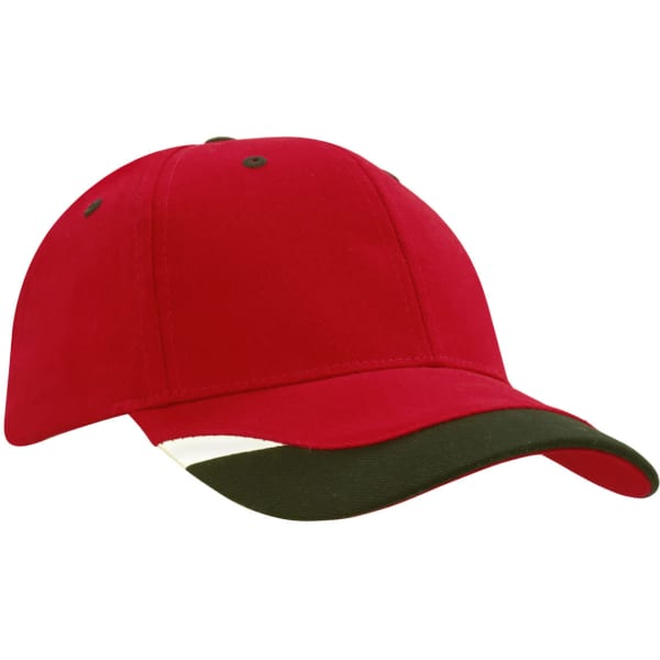 A red cap with a green peak insert and printed trim, featuring a logo on the side.