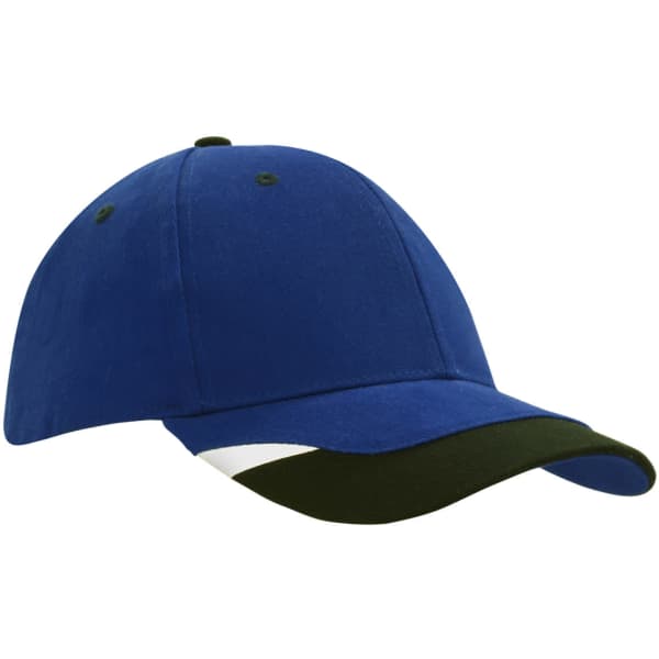 A blue cap with peak inserts and a printed trim, featuring a logo on the side.