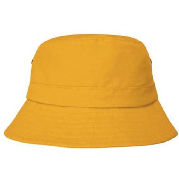 A yellow bucket hat with a wide brim, featuring a logo on the side.