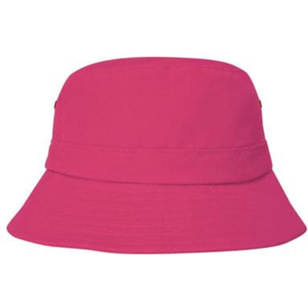 A bright pink bucket hat featuring a wide brim and a simple design, with a logo on the side.