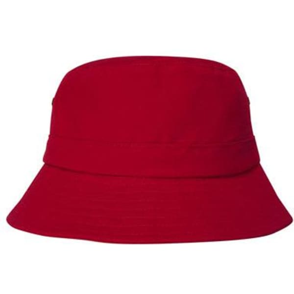 A red brushed sports twill child's bucket hat with a wide brim and a simple design.