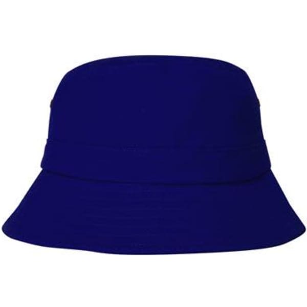 A blue brushed sports twill bucket hat featuring a wide brim and a simple design. It includes a logo.