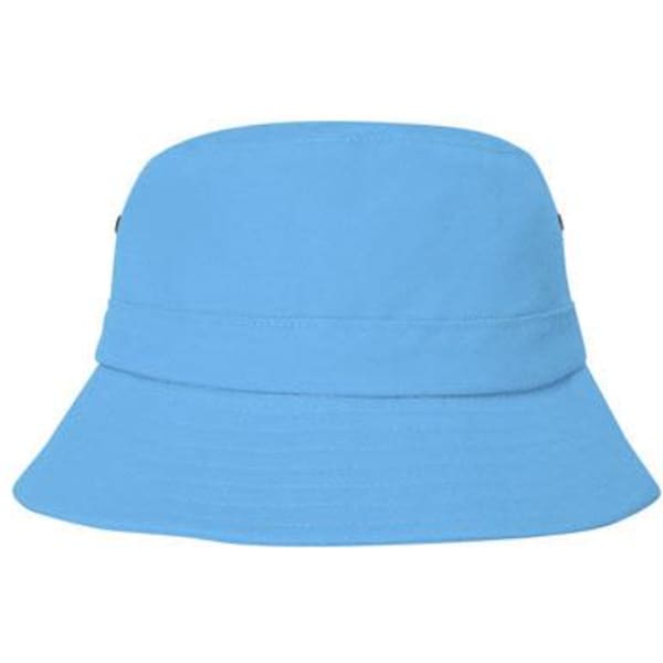 A blue Brushed Sports Twill Childs Bucket Hat with a wide brim and a logo present.