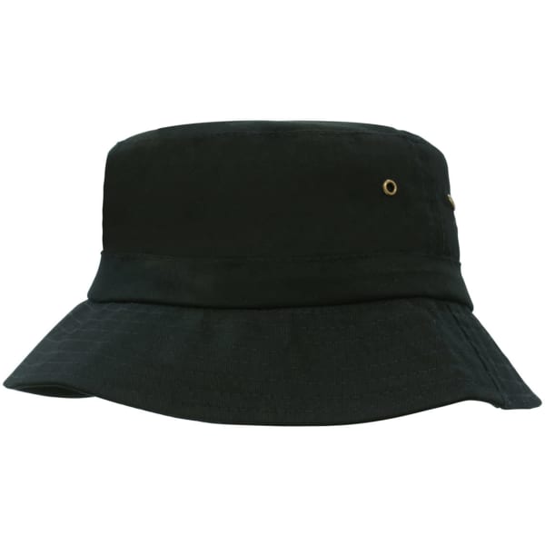 A dark green bucket hat featuring a wide brim and eyelet details. It has a simple design with no visible branding.