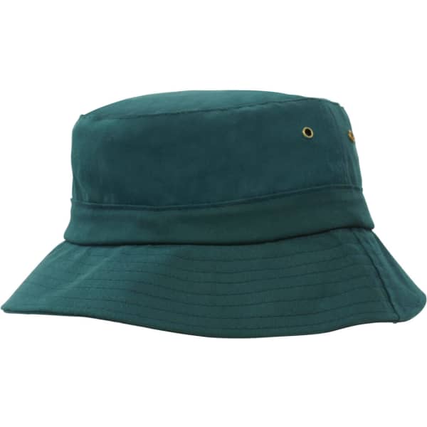 A green brushed sports twill child's bucket hat with a structured brim and ventilation eyelets.