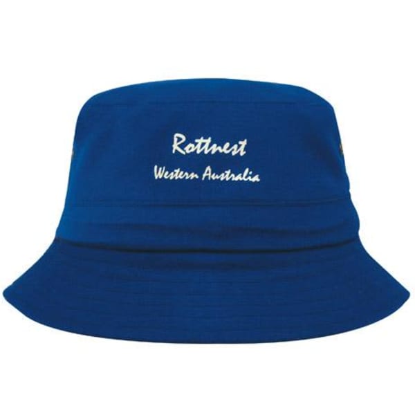 A blue child's bucket hat made of brushed twill, featuring a logo on the front.