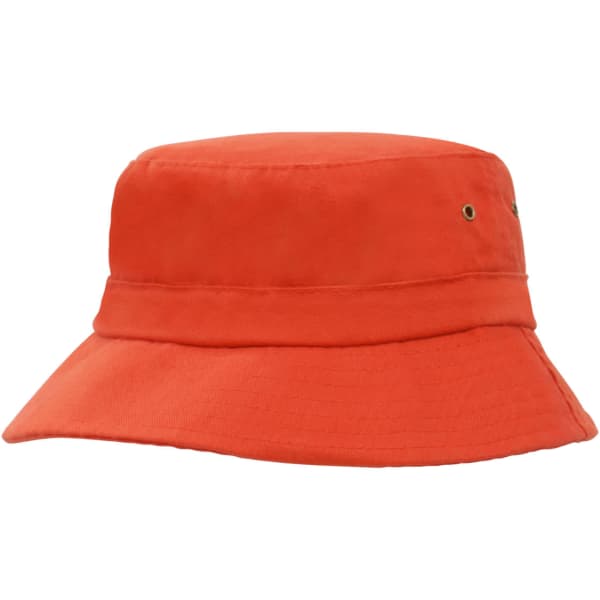 An orange brushed sports twill child's bucket hat with a wide brim and metal eyelets.