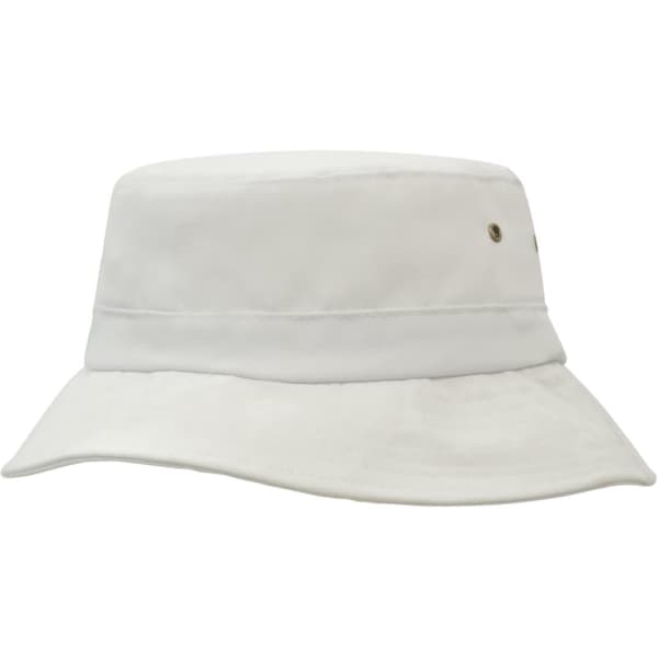 A white brushed sports twill bucket hat featuring a soft brim and a small logo detail.