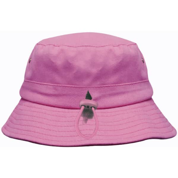 A pink brushed sports twill bucket hat featuring a branding logo and metal eyelets for ventilation.