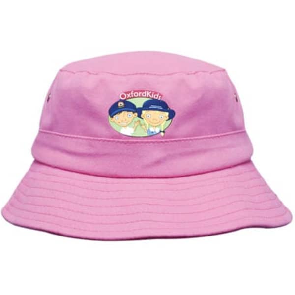 A pink bucket hat featuring a logo, designed for infants, with a soft twill fabric and a wide brim.