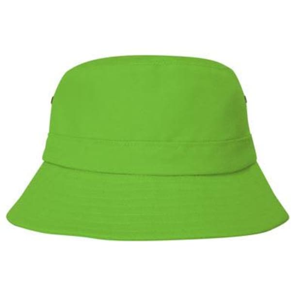 A bright green youth bucket hat with a wide brim and a logo on the side.