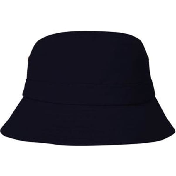 A black bucket hat with a wide brim and a simple design. Features a logo.
