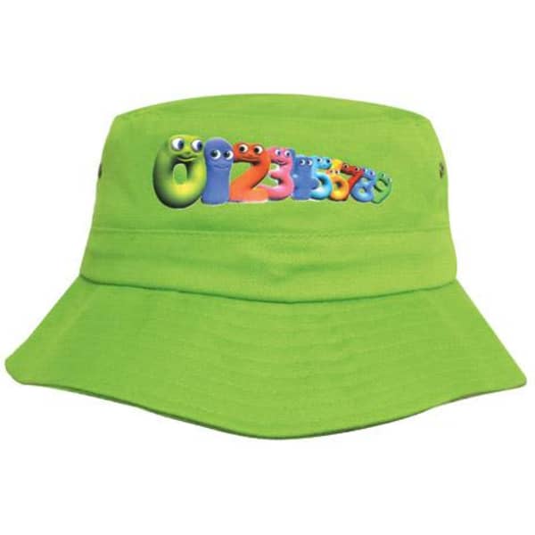 A bright green bucket hat featuring a colourful logo with playful cartoon-like characters.