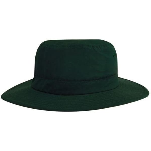 A green microfibre adjustable bucket hat with a wide brim and a logo on the side.