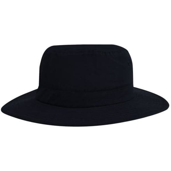 A black microfibre adjustable bucket hat with a wide brim and a logo.