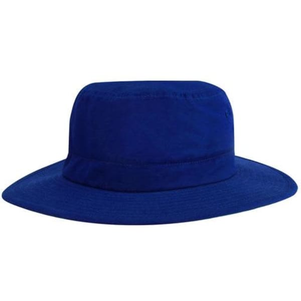 A blue microfibre adjustable bucket hat with a wide brim and a logo.