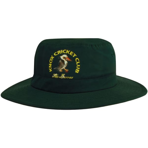 A green microfibre bucket hat featuring an embroidered logo. Ideal for outdoor wear and sunny days.