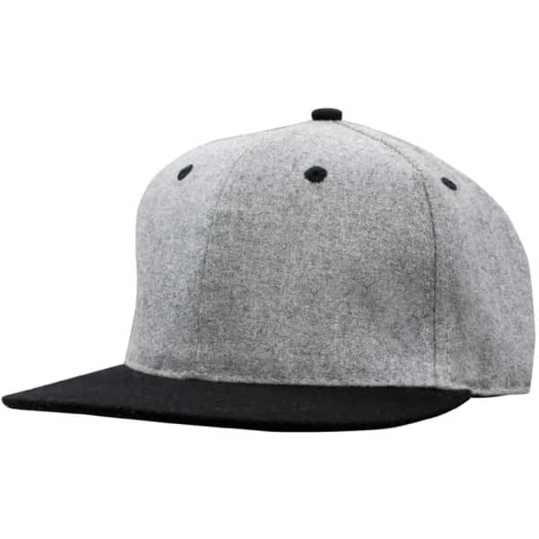 A grey marle flannel cap with a black brim and a snap back, featuring a logo on the front.