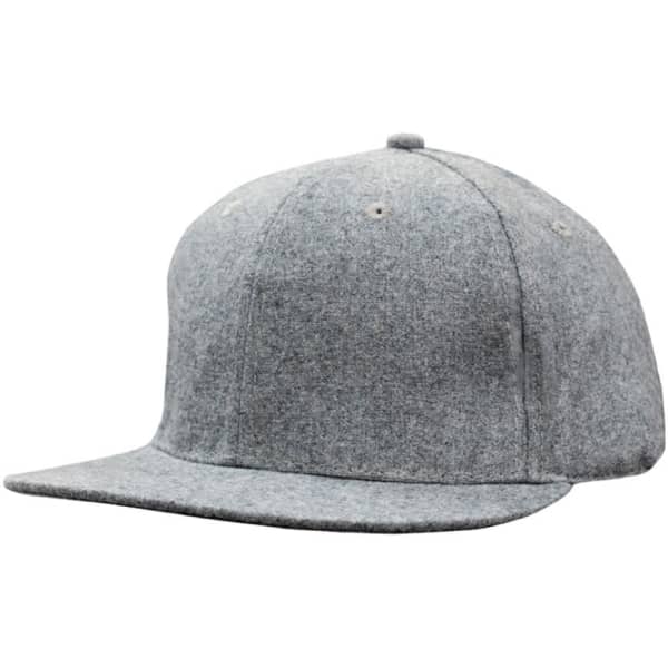 A grey marle flannel cap with a snapback design and a branded logo. It features a flat peak style.