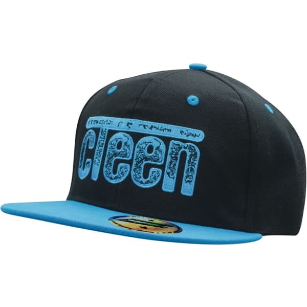 A black cap with a blue brim and a logo on the front. Features a snapback design.