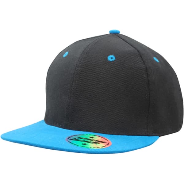 A black cap with a blue peak and accent, featuring a logo on the underside of the peak.