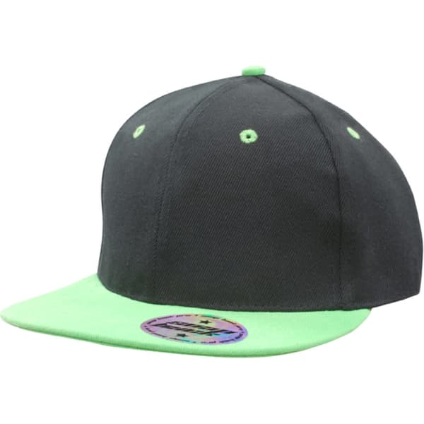 A cap featuring a dark grey body and a bright green brim, with a logo on the front.