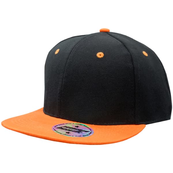A black cap with an orange brim, featuring a logo on the front.