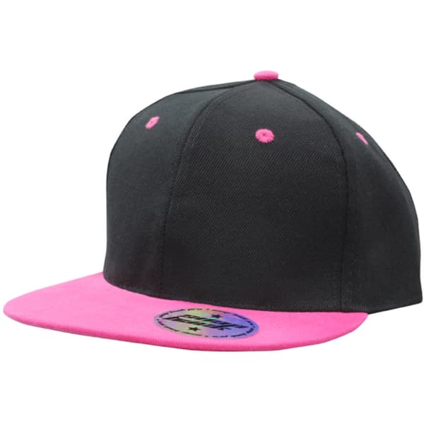 A black cap with a pink brim, featuring a logo on the front and pink detailing on the top.