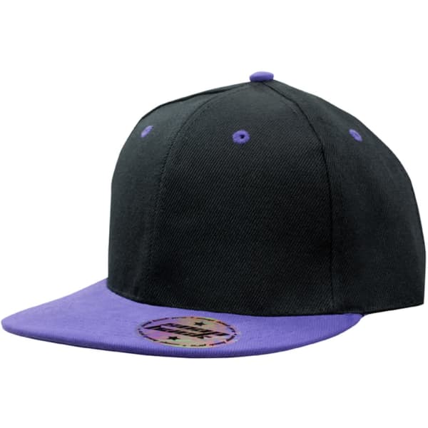 A black and purple snapback cap with a flat brim and a branded patch on the front.