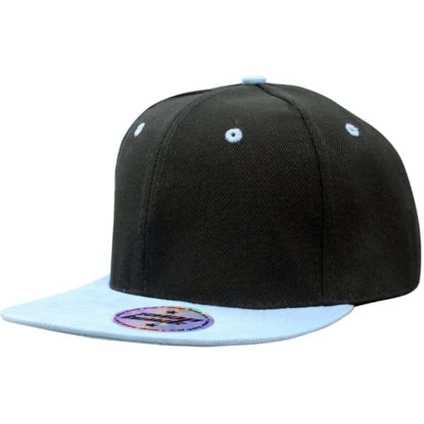 A black cap with a light blue brim, featuring a logo and a structured snapback design.