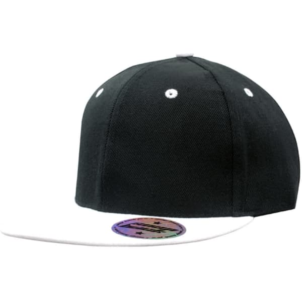 A black cap with a white peak, featuring a logo on the front and ventilation holes on top.