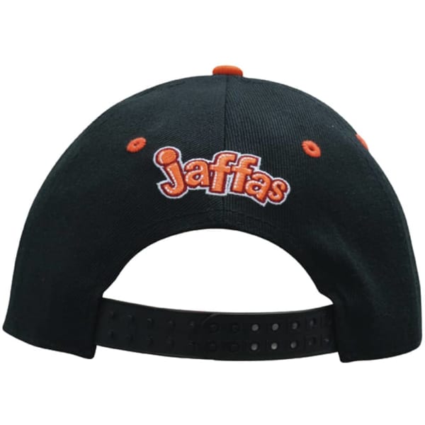 A black cap featuring orange detailing and a logo on the back. Includes a snapback closure for adjustment.