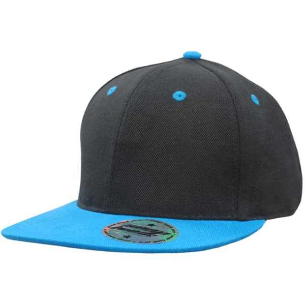 A black cap with a blue peak, featuring a logo and snapback style.