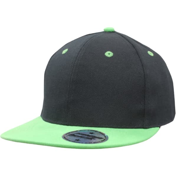 A cap featuring a dark grey body and a bright green visor, with a logo on the front.
