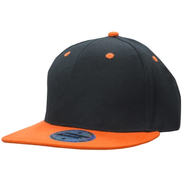 A black cap with an orange visor and button, featuring a logo on the brim.