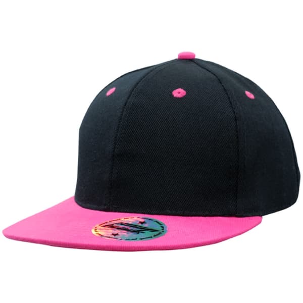 A black cap with a pink brim and top button, featuring a logo on the front.